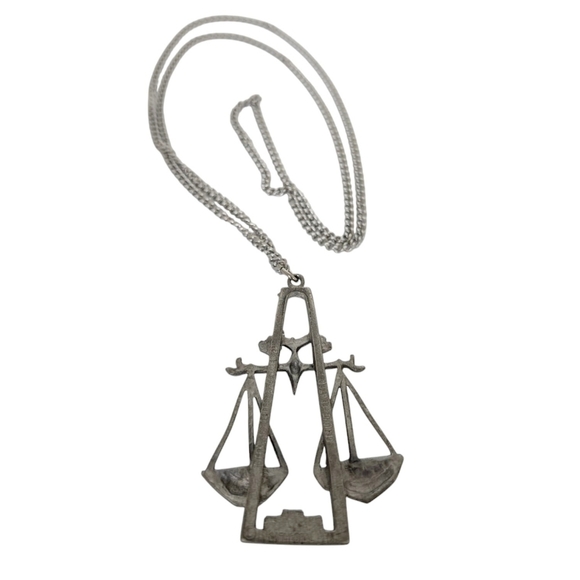 LIBRA Astrology Zodiac October Scale Vintage Necklace Long Pewter Pendent Silver - Picture 6 of 8